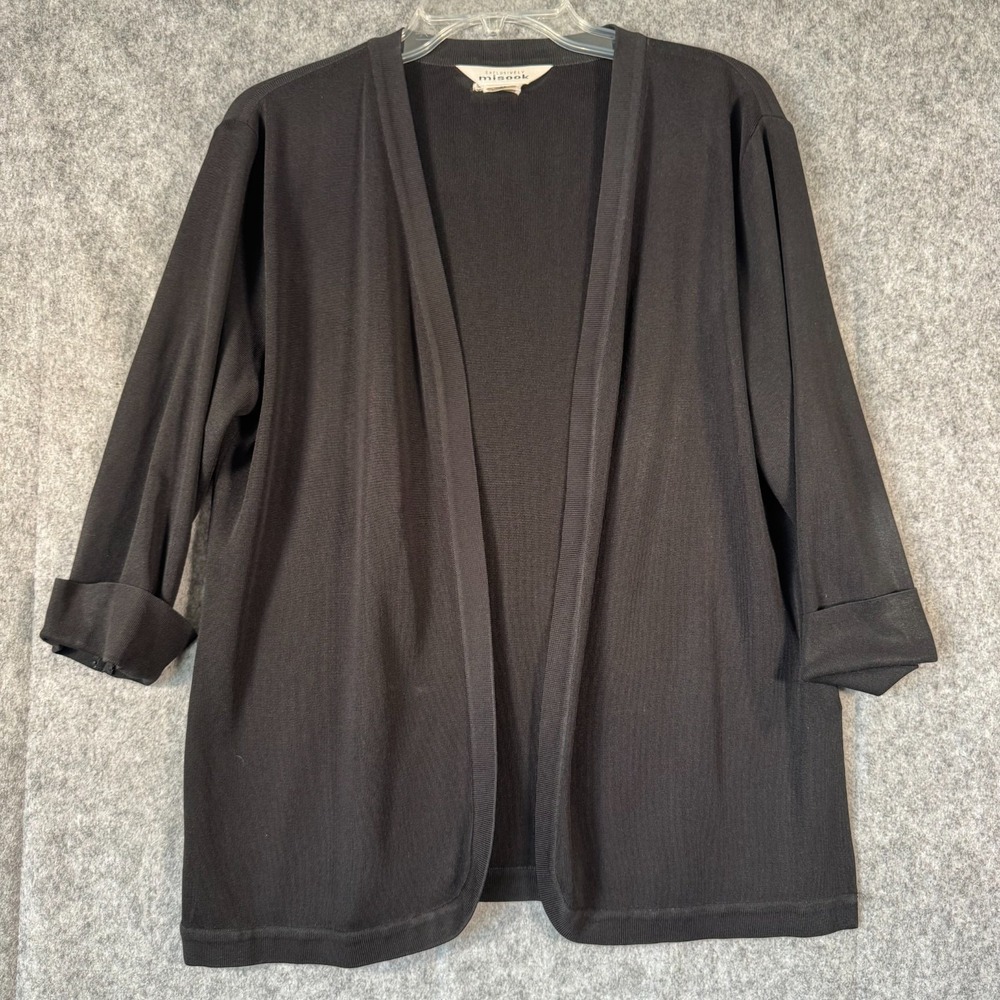 Misook Black Open Front Cardigan Sz Medium Rolled Sleeve‎ Liquid Knit Old Money
